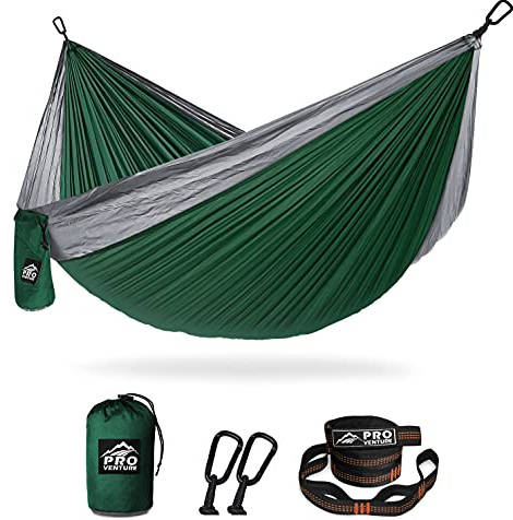 Pro Venture Camping Hammock 500 lb Capacity – Portable Double Hammock with Tree-Friendly Straps and Carabiners, Lightweight for Backpacking, Hiking, Travel, Beach, Backyard