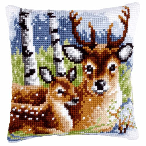 VERVACO Kreuzstich Stickpackungen Kissen Stickerei Set Anfänger Vorgedruckt Rehe DIY Set Kreativ Set Für Erwachsene Dekoratives Kissen ca. 40 x 40 cm Bastelset Handwerker Haus Dekoration