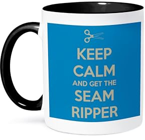 3dRose Keep calm and get the seam ripper, Blue and White, 11oz Two-Tone Black Mug