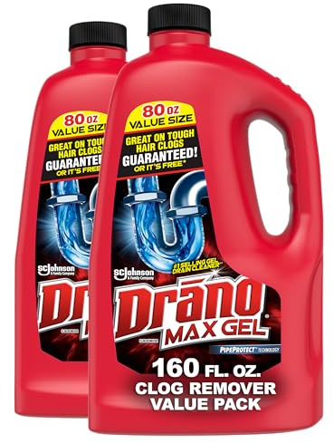 Drano Max Gel Drain Clog Remover & Cleaner, Fast-Acting to Unclog Standing Water & Remove Hair, Grease & Food Blockages, Safe for all Pipes & Septic, Kitchen Sinks, Bathroom Showers, 80 Oz, 2 Pack