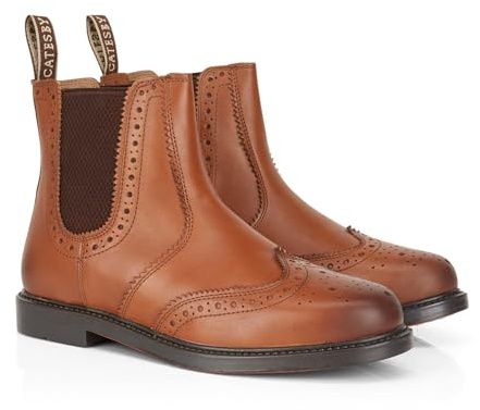 Catesby Men’s Boston Leather Brogue Chelsea Boots | Wingtip Ankle Boots with Elastic Gusset | Smart Casual Slip-On Footwear -Tan