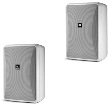 JBL Professional Control 28-1-WH Altavoz de Pared para Interiores y Exteriores, Amplia Cobertura de Sonido, 8 Pulgadas, 120 vatios a 8Ω, Fondo de Alta Salida, Altavoz Impermeable en Primer Plano. Se