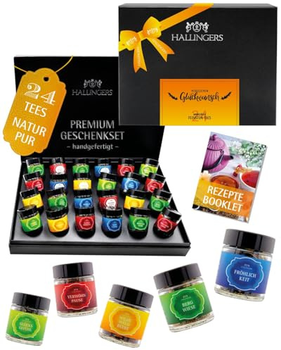 Hallingers Genuss Manufaktur Tee Geschenkset Glückwünsche - 24 Sorten Premium loser Tee im Glas in edler Geschenkbox, vegan & glutenfrei, Tee Set Herzlichen Glückwunsch, Geschenkidee wertige Anlässe