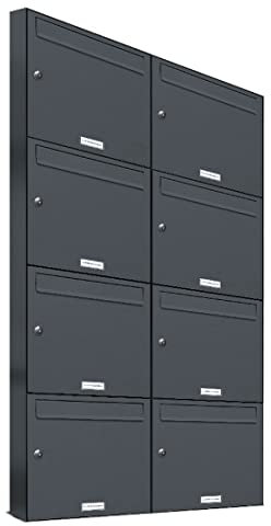 AL Briefkastensysteme 8er Briefkastenanlage Anthrazit Grau RAL 7016, Premium Briefkasten DIN A4, 8 Fach Postkasten modern Aufputz