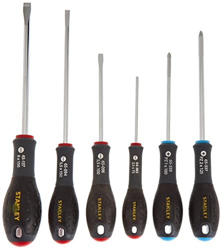 STANLEY 0-65-428 Jeu de 6 Tournevis Parallèle/Évasé/Pozidriv Gamme FATMAX - Fabriqués En France - Lame en Acier - Sablage de L'Empreinte - Poignée Soft Grip - Quasi Incassable - Anticorrosion