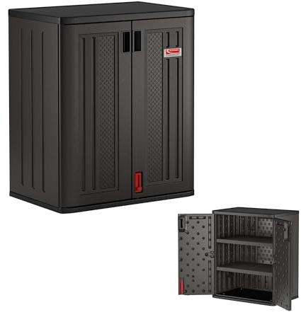 Suncast Heavy-Duty Resin Outdoor Storage Cabinet, 30 W x 20.25 D x 36 H Dark Grey Base Garage Storage Cabinet with Lockable Doors and Metal Reinforced Shelves, Made in The USA