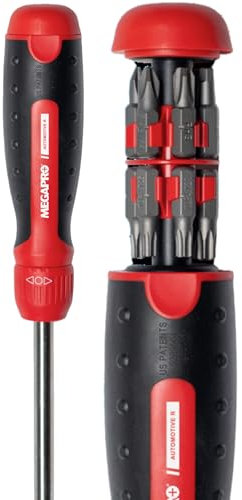 Megapro Multi Bit Ratcheting Screwdriver Set - 13 in 1 Screwdriver Bit Set w/ ¼” Hex Shaft for Phillips, Star, Flat, Square Bit - Multi Head Screwdriver Automotive Tools w/Retractable Cartridge