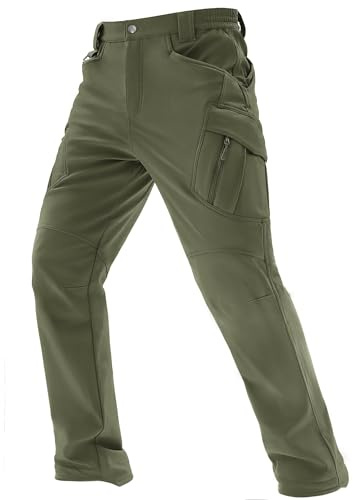 TACVASEN Hiking Trousers Men Winter Outdoor Fleece Trousers Waterproof Fishing Softshell Hunting Trousers, Army Green, 34