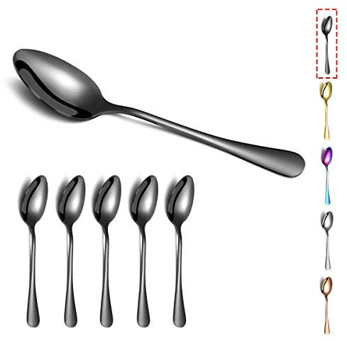 Cucchiai da tavola neri, Kyraton 6 pezzi Cucchiaio da tavola in acciaio inossidabile da 19 cm con placcatura nera in titanio, Cucchiai da zuppa, Cucchiai da dessert Set di 6