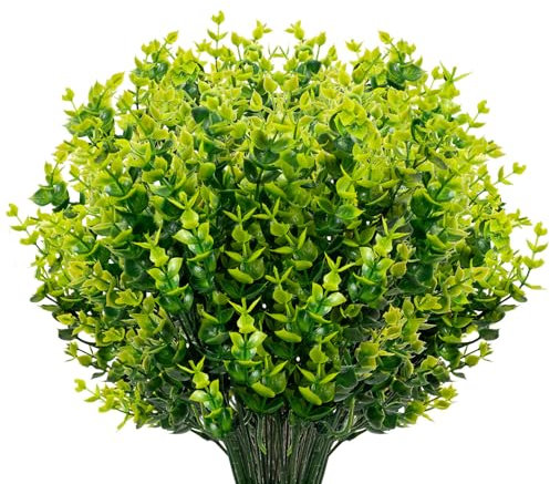 AIOR 10 Bündel Künstliche Pflanzen Büsche Outdoor Deko Künstliche Blumen, Grün UV-beständige Eukalyptus Kunstrasen für Haus Garten, Balkon, Fensterbank Dekor, Grün