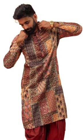 KISAH Kurta - Tunica da uomo in misto cotone stampato, con colletto alla coreana, vestibilità regolare, abito da sposa indiano da uomo, abbigliamento festivo per Diwali, Eid e celebrazioni, marrone