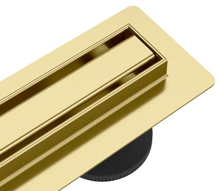 AQUAUNO Slim Edelstahl-Duschrinne 60 cm Gold – extra schmal – hohe Ablaufleistung (49 l/min) – mit 360° Drehsyphon – super flach (57 mm) – Komplettset für bodengleiche Duschen im Badezimmer