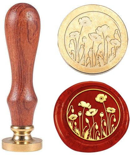 Hobbspring 1 Stück Vintage Blumen Wachssiegelstempel Mohnblumen Siegelwachs Stempel Geschenk für Weihnachten 25mm Abnehmbarer Messing Stempelkopf Mit Holzgriff Für Umschläge Einladungen Hochzeiten