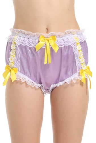 Women Sissy Flower Lace French Knickers Briefs Lingerie Silky Satin Underwear Panties (Large) Purple