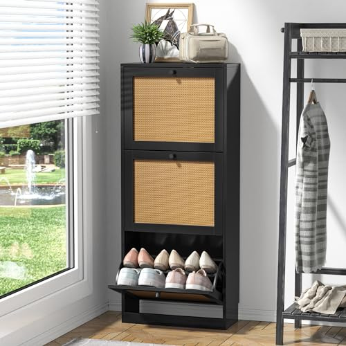 Yvsevnr Wood Shoe Storage Cabinet with Adjustable Shelves Rattan Shoe Rack Cabinet with 3 Flip Drawers Freestanding Shoes Cupboard for Hallway, Entryway, Living Rooms, Bedroom 51 x 23 x 122 cm