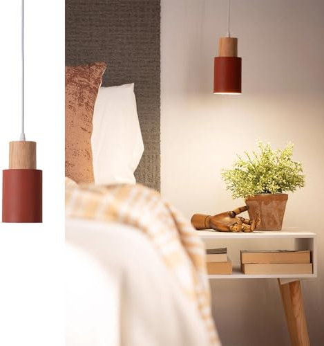 Alpinaluz Lámpara de Techo Colgante – Estilo Nórdico Minimalista – Pantalla Cilíndrica Ø10 cm en Acero Lacado Color Granate Rojo Marrón con Detalle en Madera Natural – Casquillo E27