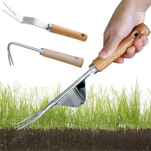 Extractor Malas Hierbas Manual,3pc Herramienta de Deshierbe Manual,Extractor Malas Hierbas Acero Inoxidable,Herramienta para Quitar Malas Hierbas,Desherbador Manual de Acero Inoxidable de Madera