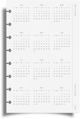 Cloth & Paper 2026 Year At A Glance Single Page Dashboard | Half Letter 8 Disc Punch, 5.5 x 8.5 Inches | Transparent Vellum, Pre-Punched, Fits Large Folio, Full Year Calendar Insert for Planners