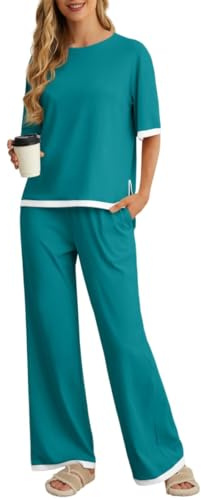 PrinStory Pyjamas för kvinnor, kortärmad pyjamasöverdel långa pyjamasbyxor tvådelad, Smaragdblå, XL