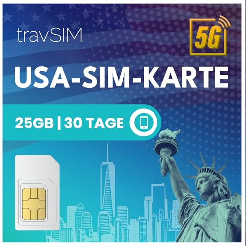 travSIM USA SIM-kort | 25 GB mobildata med 4G/5G-hastigheter för USA — Full åtkomst till Google, Facebook, Whatsapp & mer | SIM-kort USA-plan med 30 dagars giltighet
