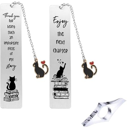 YUVKIN 2-teiliges Lesezeichen in Metall con Catena, Anhänger con Gatto, Personalizzato, per Amanti dei Libri, Accessorio per Libri, Regali per Lettori, per Giovani Scrittori