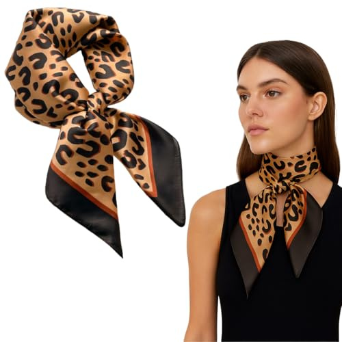 KEWUF Pañuelos Cabeza, Pañuelos Cuello Mujer, Pañuelo de Seda Satinada, Adecuado para Pañuelo en la Cabeza, Pañuelo, Cuello, Muñeca (70 * 70CM, Estampado de Leopardo)