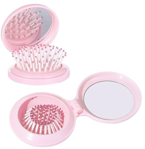 Funalix Mini cepillo para el pelo con espejo, plegable, para viajes, como cepillo portátil y peine de masaje para el cabello, cepillo plegable para mujer (rosa)