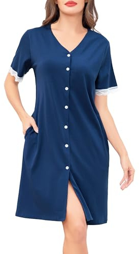 Wikoan Camicia da Notte da Donna Abito Estivo con Scollo a V e Bottoni sul Davanti Camicia da Notte con Bordi in Pizzo,Blu Opaco,M