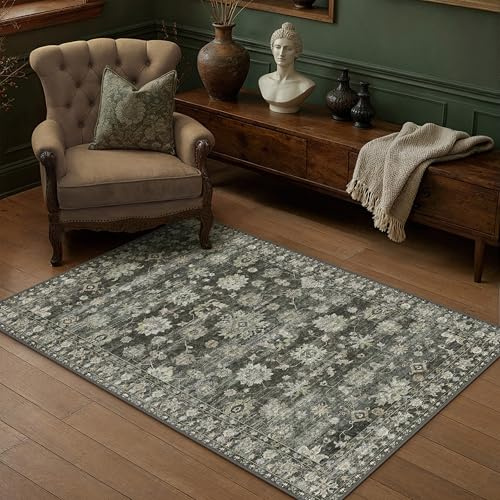 PureCozy Vintage Alfombra Salon 80x150cm Verde Grandes Habitacion Lavables en Lavadora Antideslizante Alfombras Dormitorio Sala Comedor Cocina Pie Cama Carpet Pelo Corto Rug