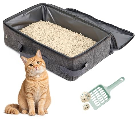 SZMK Arenero para Gatos Plegable 40 X 30 X 15 CM,Arenero Portatil Viaje Gatos con Pala y Tapa,Caja de Arena para Gatos,Cat Litter Box,Areneros para Gato Cubierto para Camping, Casa - Gris Claro