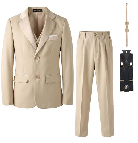 LOLANTA 5 pièces Smoking Garçon Enfant - Costume Cérémonie Mariage avec Noeud Papillon, Tenue de Soirée pour Garçon (12-13 Ans, Beige Clair，Taille du tag 160)