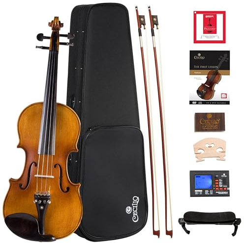 Cecilio Full Size 4/4 Violin with Hard Case & Shoulder Rest - Solidwood Ebony Fitted Violin with Premium Strings, Ideal for Beginners