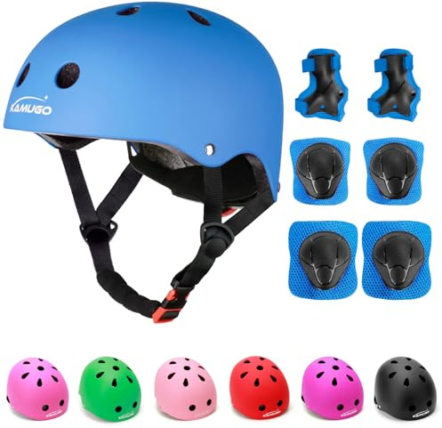 KAMUGO Kids Adjustable Helmet, with Sports Protective Gear Set Knee Elbow Wrist Pads for Toddler Age 3-8 Boys Girls, Bike Skateboard Hoverboard Scooter Rollerblading Helmet Set (Blue)