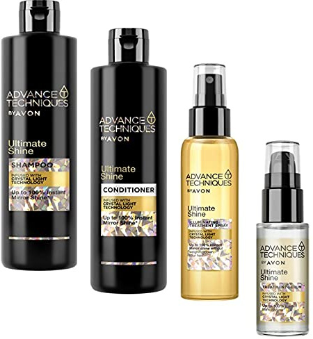 Avon Set Advance Techniques Ultimate Shine Shampoo 400ml + Pflegespülung 250ml + Glanz-Pflegespray 100ml + Haarspitzenfluid 30ml