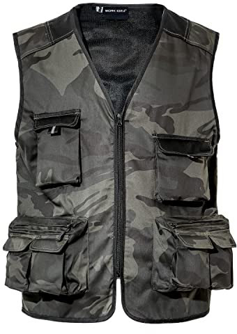 WORK IDEA Herren Outdoor-Arbeitsweste Multi-Pocket-Angelweste Lichtfeldweste Tarnweste Sommer-Multifunktionsweste atmungsaktive Angelweste