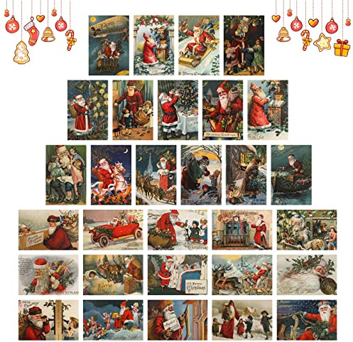 30pcs Christmas card postcard Christmas Greeting Cards, Vintage Christmas Postcards Xmas Greetings Cards Vintage Winter Christmas Santa Claus Antique Postcard Set Greeting Cards Gift Message Card