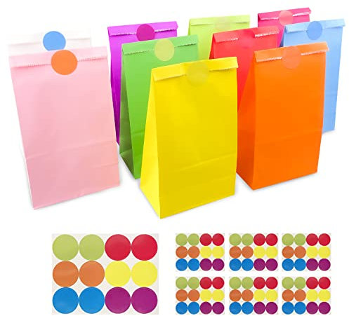 Gvolatee 50 Stück Geschenktüten Kindergeburtstag mit 84 Aufkleber, Candy Papiertüten, Bunte Kraftpapier Geburtstagstüten zum Verpacken Dessert und Mitgebsel, für Geburtstag, Hochzeit, Party, Feiern
