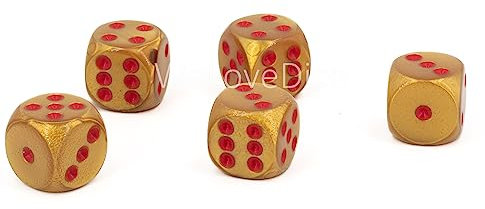 W6 Würfel (16mm) in Gold Farbe/rote Punkte - Made in Germany - WeLoveBeads - 5 Stück