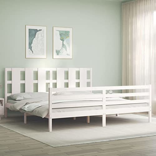 Gecheer Massiv träsäng, träsäng, massivt trä, säng, dubbelsäng/enkelsäng, balksäng, sängram, sängram, ribbotten med sänggavel vit, 200 x 200 cm typ 3