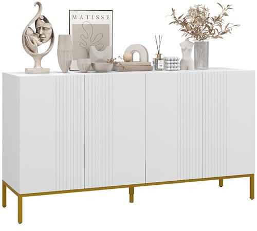 HOMCOM Credenza Moderna con 4 Ante e Mensole Regolabili, Mobile da Salotto e Soggiorno con Chiusura Ammortizzata, Bianco e Oro