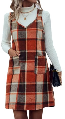IDEALSANXUN Overall Dress for Women Halloween Clothes Outfits 2025 Fall Winter Corduroy Tartan Tweed Plaid Mini Skirt, Orange Beige, L