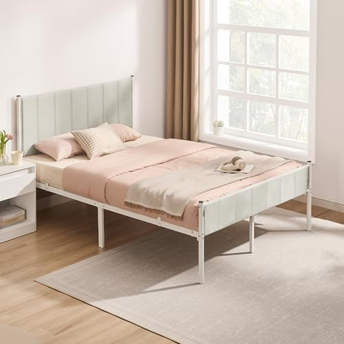 VASAGLE Cadre de Lit Double, 140 x 190 cm, avec Tête de Lit Rembourrée, en Acier, Supporte Jusqu'à 500 kg, Montage Facile, Beige Cappuccino RMB973W01