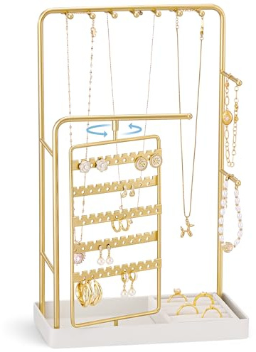 ProCase Jewelry Stand Holder Organizer, Jewelry Display Storage with Ring Tray, Rotating Earring Bracelet Necklace Holder, Valentine's Gifts Room Dorm Decor for Teen Girls -Gold (No-Assembly)