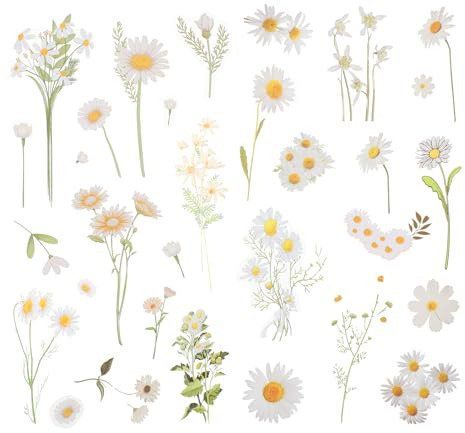 Juego de 12 pegatinas de flores, pegatinas decorativas de margaritas, lámina transparente de aspecto vintage, resistente al agua, accesorios de manualidades para álbumes, embalaje de regalo, lettering