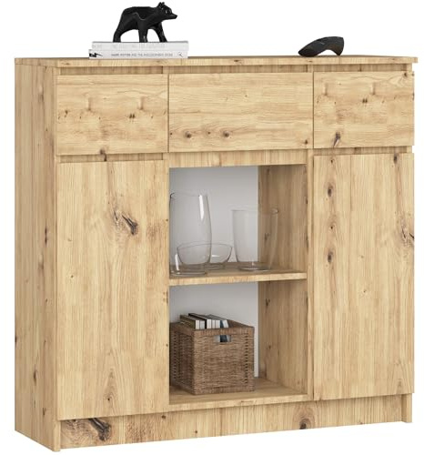 AKORD Kommode K100 mit 3 Schubladen, Schrank mit 2 Tür 6 Regalböden, Für das Wohnzimmer Schlafzimmer, Moderne, 16mm Laminierte Platte, B101xH98xT35 cm, Farbe Artisan-Eiche & Artisan-Eiche