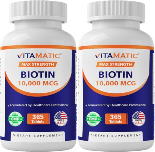 Vitamatic Biotin 10,000 mcg (10 mg) for Stronger Hair, Skin & Nails - 365 Vegan Tablets- Also Called Vitamin B7-2 Pack