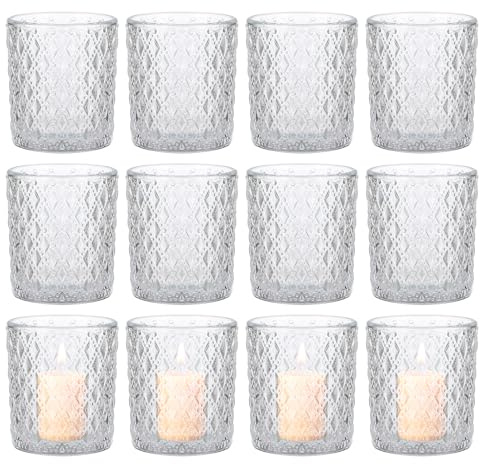 Lot de 12 Photophores en Verre, 6,5 x 5 cm Porte Bougeoir, Bougeoir en Verre Transparen, Photophore Bougie pour Décoration de Table, Maison, Mariage, Fête, Noel