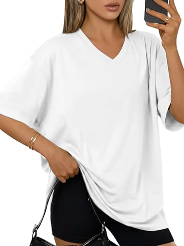 Cuptacc T-shirt damer v-ringad överdimensionerade toppar basic lös kortärmad tunika damer sommar lång skjorta med slits enfärgad topp