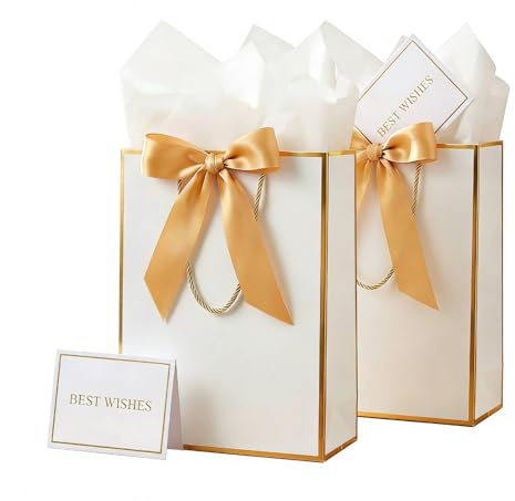 MtnLaur Sacchetti Regalo Bianco 2PZ, Sacchetto Regalo con Manici Fiocco di Nastro, Sacchetti Regalo Medi con Carta Velina Biglietto di Auguri, per Ragazze Donne Compleanno Matrimonio(22x29x10cm)