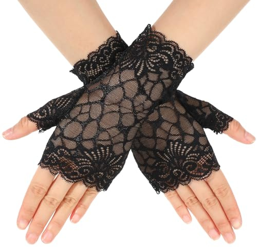 HekouJiub Korta spetshandskar fingerlösa svarta spetshandskar för kvinnor brud opera kväll bröllopsfest bal cosplay gotiska tillbehör